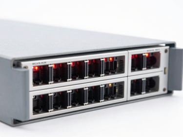 Technical orthographic shot of an IP-based access control server rack and wiring terminals, clean white background, red status LEDs glowing, sharp detailed macro