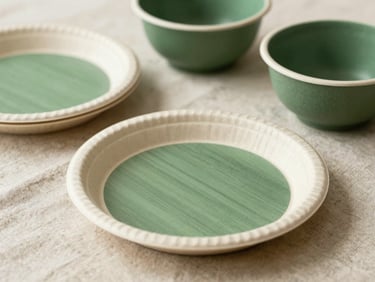 Neatly arranged biodegradable bamboo fiber plates and bowls on a rustic linen cloth, soft diffused side light, minimal composition