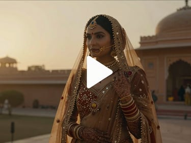 Cinematic 16:9 frame of a luxury destination wedding in Rajasthan, golden hour backlighting, vintage color grading, play icon overlay