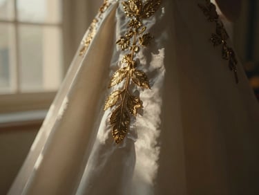 Cinematic 16:9 close-up of delicate gold embroidery on bridal silk, soft natural window light, shallow depth of field