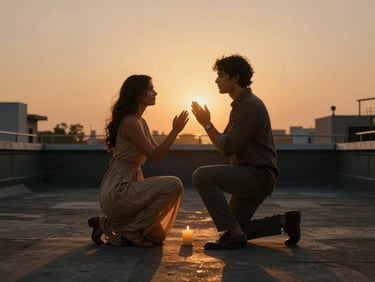 Cinematic 16:9 frame of an intimate sunset vow exchange on a Delhi rooftop, deep shadows, warm candle light, emotional expressions