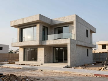 Raw concrete structure of a premium residential villa under construction, clean organized site, bright daylight