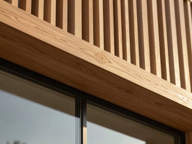 Close-up of modern linear wooden slats, warm oak wood texture, precise architectural joints, soft shadow play