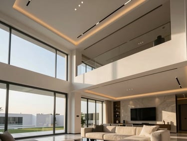 Interior shot of a luxury villa living room with double height ceiling, minimal gypsum board ceiling design and hidden lighting, Riyadh