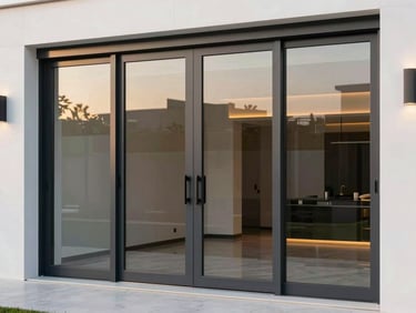 Sleek automatic sliding glass door of a high-end commercial building, clean minimalist frame, soft interior lighting.
