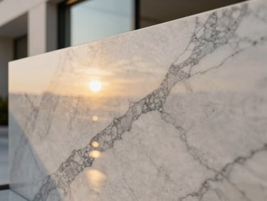 Macro close-up of premium natural Carrara marble with elegant gray veining, warm indirect LED light reflecting on the polished surface, high-contrast