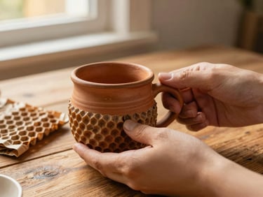 A close-up of hands carefully wrapping a textured terracotta mug in protective brown honeycomb paper, warm side-lighting, rustic wooden table