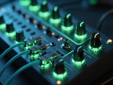Macro close-up of a glowing modular synthesizer patch bay, electric cyan patch cables, high-contrast neon lighting.