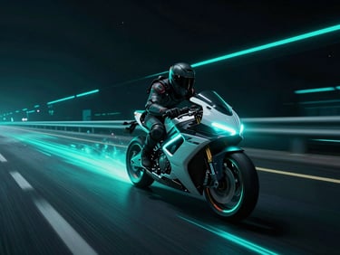 Cinematic wide frame of a futuristic motorcycle speeding down a neon-lit highway, electric cyan light trails.