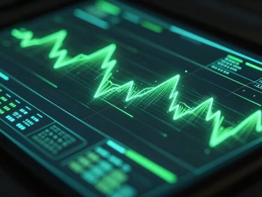 Close-up of a holographic interface displaying glowing green waveforms and complex data streams.