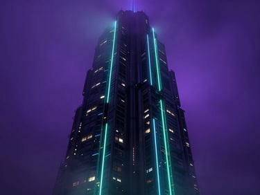 A massive, scale-heavy brutalist tower shrouded in dense purple fog, glowing neon terminal lines running up the side.
