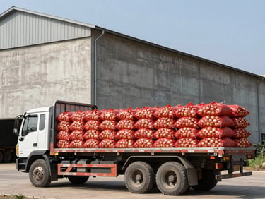 A flatbed truck loaded with red mesh sacks of onions parked outside a massive concrete agricultural warehouse, bright midday sun.