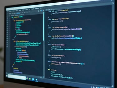 Clean modern workspace showing lines of code on a vertical monitor, subtle cyan backlighting, sharp focus, professional tech aesthetic.