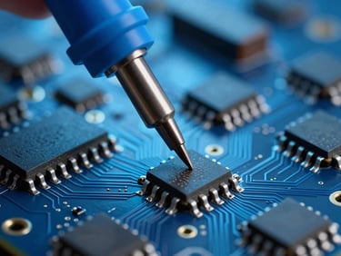 Extreme close-up of a soldering iron tip touching a micro-chip on a circuit board, cool blue studio lighting, sharp technical focus.