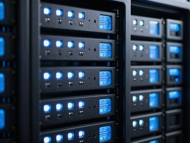 Clean organized server racks with flashing blue and white LED indicators, cool studio atmosphere, sharp technical photography.