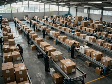 Overhead wide-angle view of a logistics hub floor, workers coordinating parcels across sorting lanes under industrial daylight filtering through high clerestory windows, depth of field emphasizing operational scale