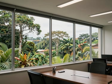 Modern office interior in Belém with large windows showing local vegetation outside, bright equatorial light.