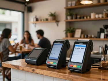 A cozy local café interior in Umarizal, Belém, with customers and digital payment terminals visible.