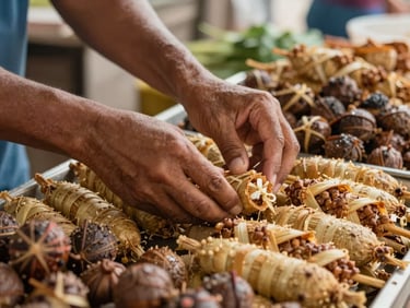 Close-up of hands arranging fresh regional products at a market stall in Belém, bright daylight.