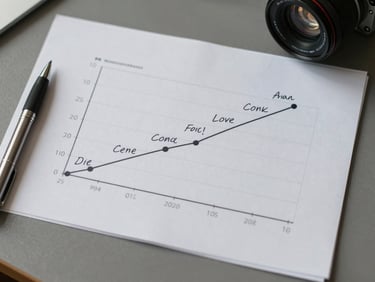 Overhead view of a desk with a printed financial projection chart showing an exponential accumulation curve, handwritten annotations marking key inflection points, soft neutral daylight from the left side, pen resting beside the paper