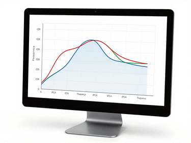 Overhead view of a desktop monitor displaying a multi-line comparison chart with three colored curves labeled CDI, Poupança, and IPCA, clean white background, soft studio lighting, no people