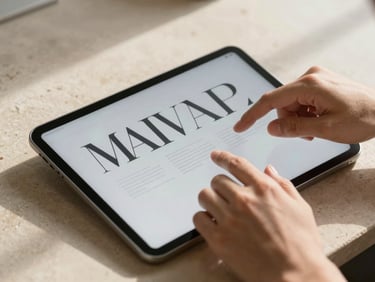 Close-up of hands interacting with a high-end tablet displaying a clean typographic layout, natural morning light, soft shadows, beige stone background.