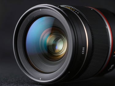 Extreme close-up of a high-end anamorphic camera lens, reflection of a neon blue light source on the glass, dark studio background, shallow depth of field, 2.39:1 aspect ratio