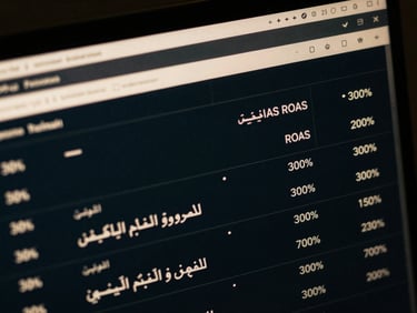 Close-up of a laptop screen displaying a detailed ROAS report with a 300% increase, Arabic text and numbers, high-contrast directional light, deep charcoal and warm gold tones, sharp focus, 35mm.