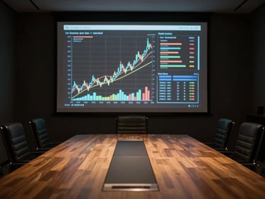 A high-contrast wide environmental shot of a modern dark-themed meeting room, a glowing projection of data charts on the wall, warm ambient lighting