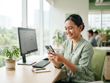 Bright high-key commercial photography, natural daylight, clean modern office setup, Indonesian CS agent smiling while looking at a smartphone, soft green accents, shallow depth of field, 35mm