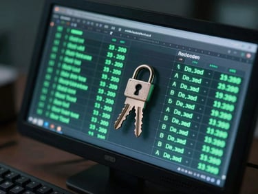 A close-up of a high-end digital workstation displaying glowing cryptographic ledgers and security keys in a dark, professional legal office, moody cyber-green ambient lighting.