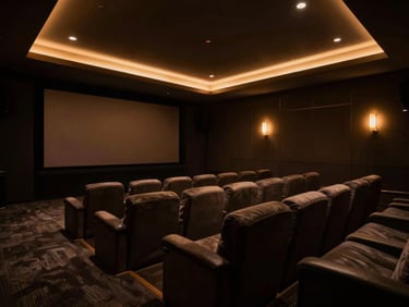 Wide environmental shot of an empty ultra-luxury home theater, low-key dramatic architectural lighting, warm amber glows, deep controlled shadows, anamorphic lens, 35mm