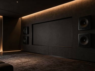 Luxury modern penthouse media room, hidden speaker grilles behind dark fabric walls, minimalist architectural design, warm ambient accents, 35mm