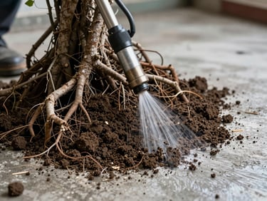 Macro technical shot of high-pressure water jets washing soil completely off thick bougainvillea root systems, clean concrete floor, harsh direct lighting