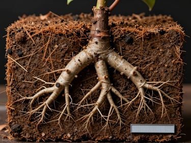 Close-up of a bougainvillea root system packed in sterile, soil-free coco-peat treated media, technical scale bar visible