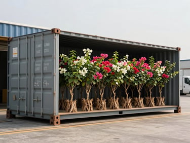Wide shot of a climate-controlled shipping container being loaded with uniform, bare-root bougainvillea plants at a concrete loading dock