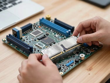 Close-up of a modern laptop motherboard on a clean wooden workbench, hands carefully installing a silver RAM stick, bright natural daylight, cool blue accents, sharp focus, 50mm