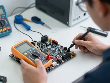 A technician testing a computer motherboard with a digital multimeter, bright cool workbench lighting, organized tools in the background, sharp focus, 50mm