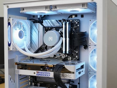 A neatly assembled custom desktop PC interior, clean cable management, liquid cooling tubes with quiet blue lighting, sharp focus, shallow depth of field, 50mm