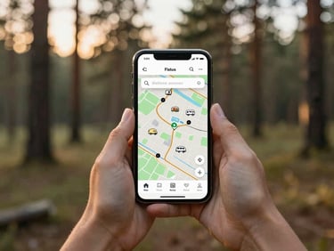 Hands holding a smartphone outdoors at golden hour, displaying a clean mobile campground map with RV icons, soft-focus pine trees in the background