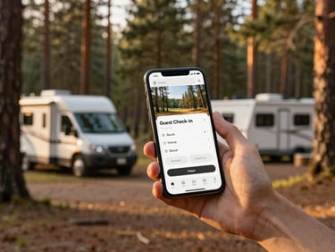 Close-up of hands holding a mobile phone displaying a clean guest check-in portal, beautiful pine forest and RV site blurred in the background, warm golden hour sunlight casting soft shadows.