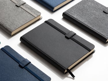 Overhead flat-lay of neatly stacked custom notebooks and bill books, clean studio lighting, sharp shadows, high contrast, industrial precision.