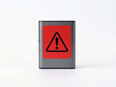 Centered, straight-on studio shot of a generic unbranded external SSD drive on a clean white background, harsh red warning label graphic overlaid on the image, bright even lighting.