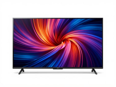 Centered straight-on studio shot of a 55 inch smart TV displaying a colorful screen on a clean white background