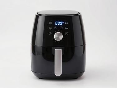 Centered straight-on studio shot of a black digital air fryer on a clean white background, bright studio lighting