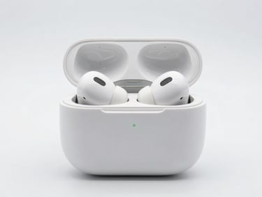 Centered, straight-on studio shot of generic plastic wireless earbuds with cheap glossy finish on a clean white background, bright even lighting.