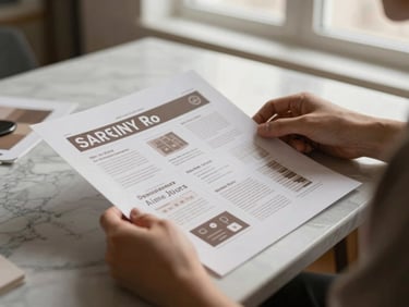 A hands-on designer carefully examining a printed brand layout sheet on a marble work table, natural window light, warm mocha tones, 35mm