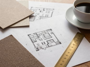 A close-up of a designer's desk with architectural drawings, heavy textured paper samples, a brass ruler, and a cup of black coffee under soft window light, warm mocha and cream palette