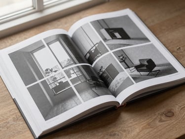 Open pages of a premium architectural monograph showing clean grid layouts, large black and white photography, heavy matte paper texture, 35mm