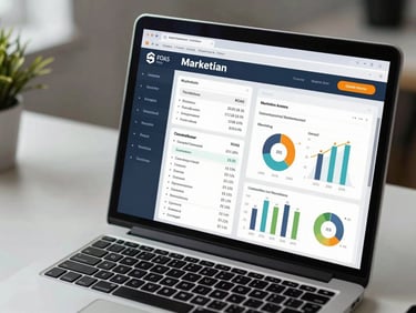Close-up of a laptop screen displaying a multi-channel marketing analytics dashboard with campaign performance metrics, ROAS figures, and revenue attribution charts, placed on a clean organized desk under cool daylight, screen occupying most of the frame